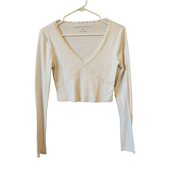 Aeropostale Tops - Vintage Aeropostale Womens Ribbed Lace V-Neck Long Sleeve Crop Top Cream White M